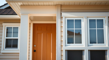 Fototapeta premium Modern House Exterior: Elegant Home Design with Orange Door and White Windows. Real Estate Photography