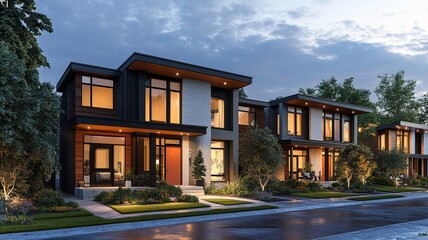Fototapeta premium A Modern dwelling with large windows, landscaped garden, and evening lighting