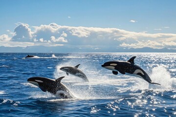 Fototapeta premium Orcas leaping ocean wildlife marine mammals nature scene