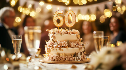 Elegant 60th birthday cake with floral decorations and candles - birthday party concept