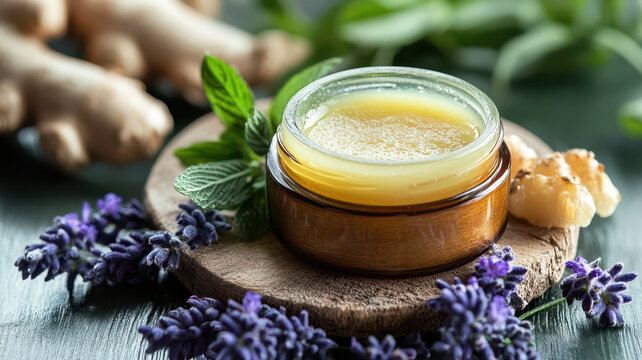 wellness concept image featuring ginger elixir in glass jar surrounded by fresh lavender and mint leaves, evoking sense of natural healing and relaxation