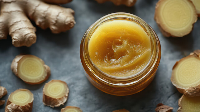 jar of ginger elixir surrounded by fresh ginger slices on textured surface, promoting wellness and natural health benefits. vibrant yellow color of elixir contrasts with earthy tones of ginger