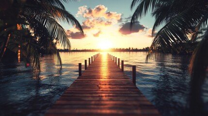 Serene Sunset Over Calm Waters with Wooden Dock and Tropical Palms Framing a Scenic Horizon View