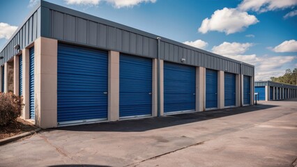 Fototapeta premium storage units, industrial building, blue garage doors, concrete driveway, blue sky, cloudy horizon, metal siding, self-storage facility, symmetrical architecture, perspective view, daytime, commercial