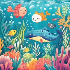 Obraz premium Colorful Underwater Scene Featuring Happy Fish and Coral