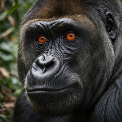 A close-up of a Western Lowland Gorilla with striking orange eyes, showcasing the depth and emotion of this endangered species.

