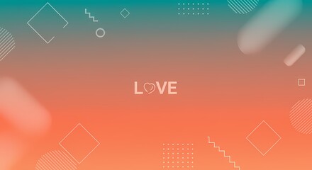 Abstract Coral and Teal Gradient Background with Geometric Shapes and Love Text