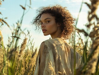 Naklejka premium Eco-conscious campaign promoting sustainable fashion, with natural materials and soft earthy tones,