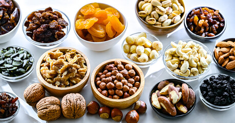 Composition with a variety of dried fruits and assorted nuts.