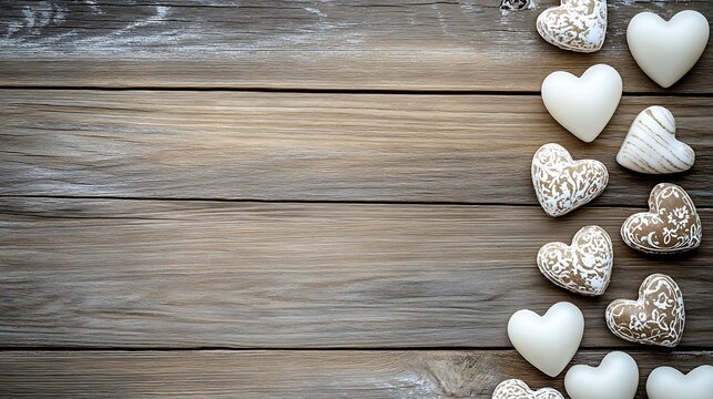 Decorative hearts arranged on rustic wooden background