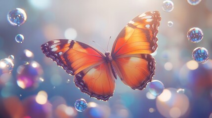A whimsical illustration of a 3D butterfly surrounded by floating bubbles, creating a playful and cheerful atmosphere 
