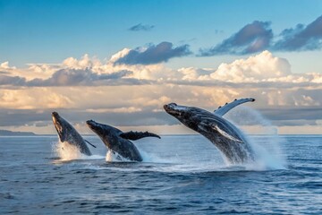Fototapeta premium Three Humpback Whales Breaching Ocean Sunrise