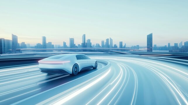 Autonomous vehicle navigates futuristic city test track. Innovative design. High tech urban landscape. Futuristic transportation system. Advanced vehicle testing facility. Future city. Urban tech.