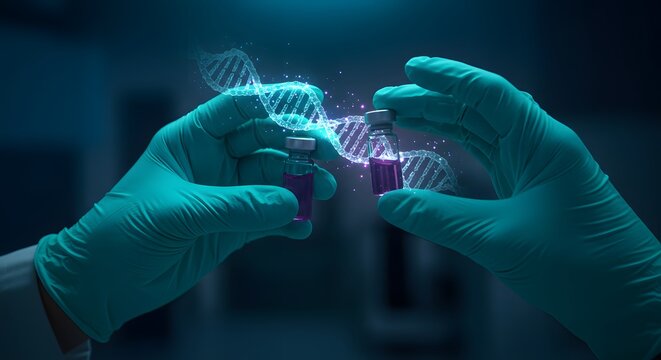 Scientist Holding Glowing DNA Vial with Spiraling Helix in Futuristic Medical Laboratory