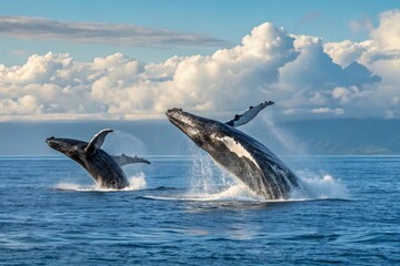 Fototapeta premium Humpback Whales Breaching Ocean Dramatic Sky Wildlife