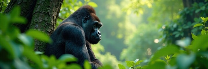 Obraz premium Dense foliage surrounds the gorilla's broad back, tree, jungle, silverback