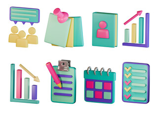 Colorful 3d business icons: charts, calendars, documents, and communication symbols