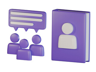 Purple user interface icons with speech bubbles and group symbol 3d