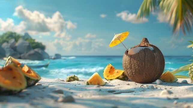 Exotic Tropical Sand Beach Coconut Cocktail Drink with Pineapple Fruits
