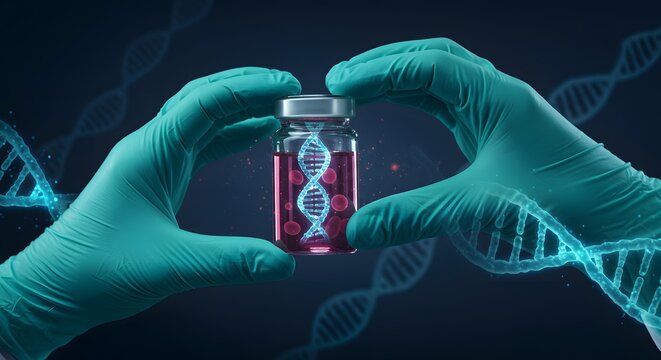 Scientist Holding Glowing DNA Vial with Spiraling Helix in Futuristic Medical Laboratory