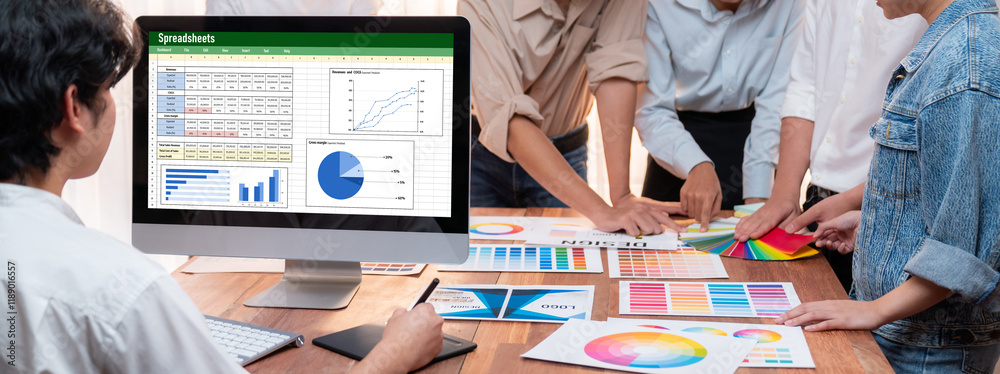 Poster Spreadsheet document information financial startup concept. data and graphs in spreadsheet documents for online analysis project dashboard accounting digital brisk