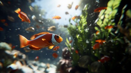 Clownfish swimming in aquarium, sunlit, seaweed background, underwater scene, marine life