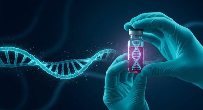 Scientist Holding Glowing DNA Vial with Spiraling Helix in Futuristic Medical Laboratory
