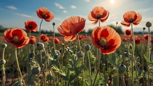Flowering opium poppy Papaver somniferum on a field in spring. Opium poppy, Papaver somniferum is a species of plant. Opium and poppy seeds come from poppies.