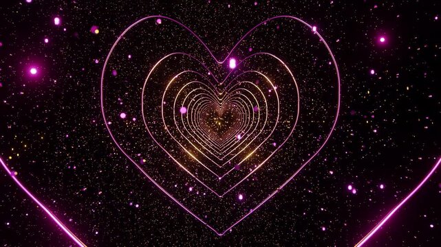 Yellow and pink heart shape tunnel with glow pink particles endless 3d render. Abstract romantic love background for valentine day holiday. Concept of family values, love, soul, marriage and wedding