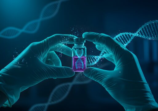 Scientist Holding Glowing DNA Vial with Spiraling Helix in Futuristic Medical Laboratory