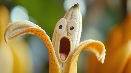 A surprised banana with googly eyes and open peel.