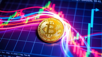 Bitcoin Cryptocurrency Coin on Financial Chart Background with Rising Candlestick Graphs - Digital Currency Investment Concept