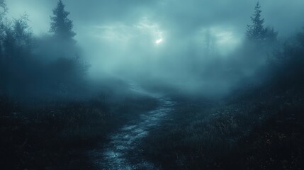 Fototapeta premium Misty forest path at twilight, leading into dense fog.