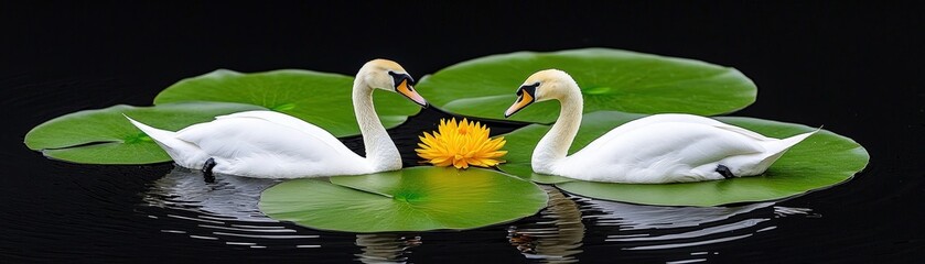 Obraz premium Graceful Swans Floating on Water Lily Leaves with Vibrant Yellow Flower Emphasizing Nature's Beauty