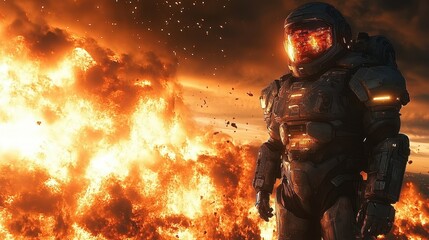 A futuristic armored figure stands amidst a fiery explosion.