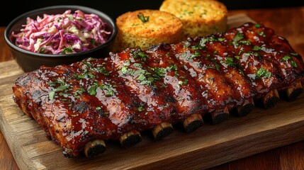 Delicious BBQ Ribs with Cornbread and Coleslaw