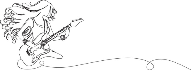 illustration of a girl with playing electric guitar line art