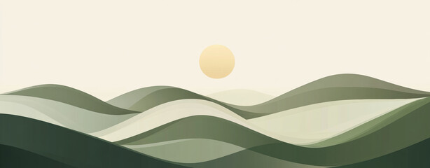Minimalist art of green wavy hills with sun