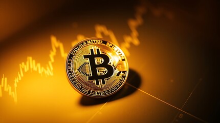 Bitcoin Cryptocurrency Coin on Financial Chart Background with Rising Candlestick Graphs - Digital Currency Investment Concept