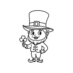 Cute Leprechaun Coloring Page On holding a four-leaf clover, in a simple black and white