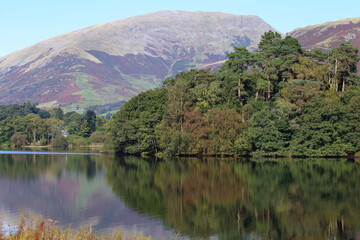 Reflections of Grasmere. Seat Sandal Fell forms the backdrop and forest reflect in the lake in a tranquil view of the English Lake District National Park.