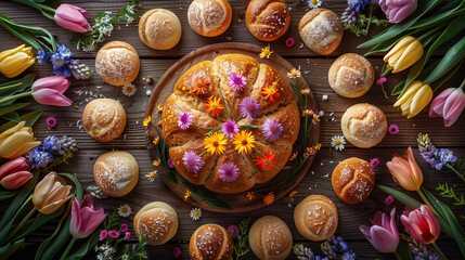 Floral Easter bread centerpiece with small rolls and tulips