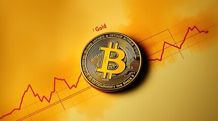 Bitcoin Cryptocurrency Coin on Financial Chart Background with Rising Candlestick Graphs - Digital Currency Investment Concept