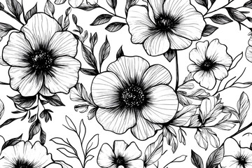 Floral pattern featuring hand-drawn black and white flowers with intricate detailing on a light background