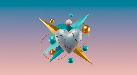 Obraz premium Abstract 3D Render of a Cracked Heart with Geometric Shapes and Pastel Colors