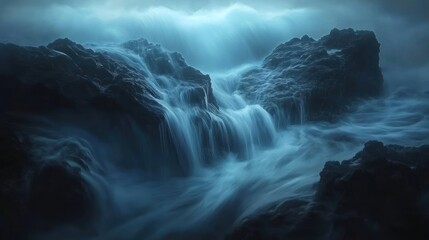 An artistic interpretation of water flowing over rocks, captured in long exposure to create a dreamy effect, in a fine art photography style