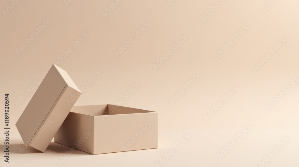 Poster empty beige cardboard box on neutral background ready for product placement