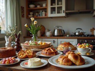 Festive Easter table with traditional dishes and decorations.