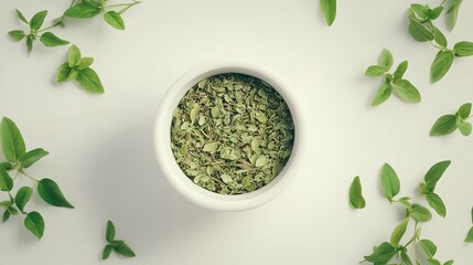 Dried chopped oregano in white ceramic bowl