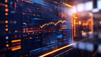 A Futuristic financial data visualization with glowing graphs and charts